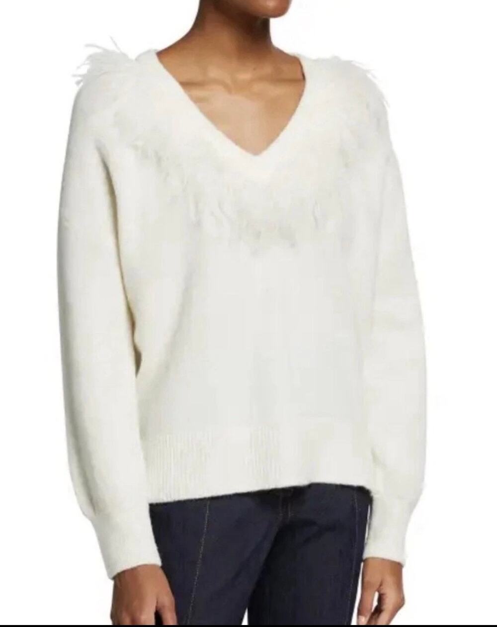Cinq a Sept Sweater Cream Ostrich Feather V-neckline Wool Blend size Small